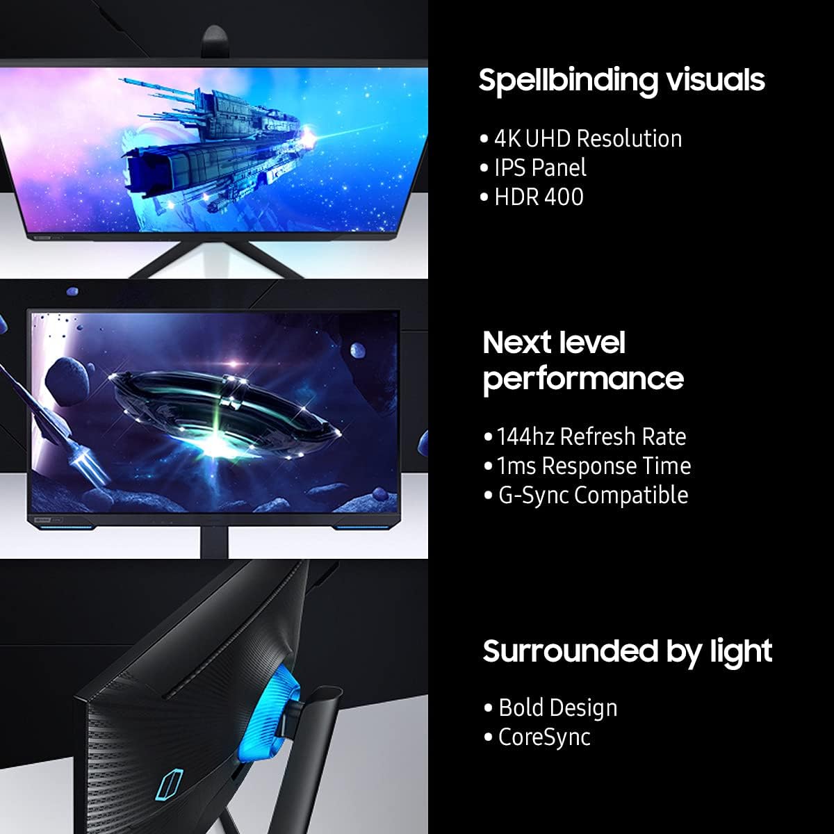 SAMSUNG 28" Odyssey G70A Gaming Computer Monitor, 4K UHD LED Display, HDR 400, 144Hz, G-Sync and FreeSync Premium Support, Front Light Panels, LS28AG700NNXZA, Black