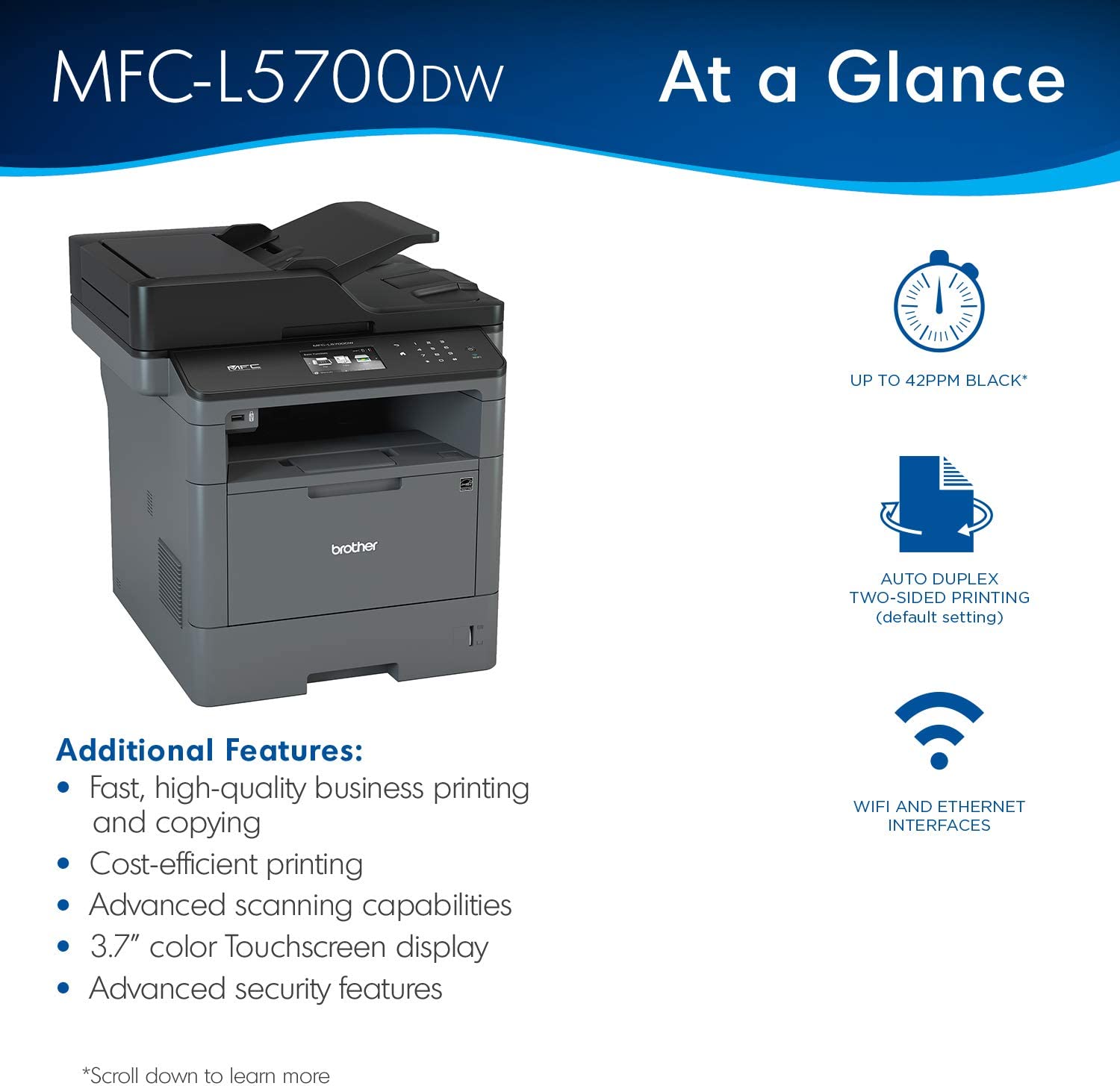 Brother Monochrome Laser Multifunction All-in-One Printer, MFC-L5700DW, Flexible Network Connectivity