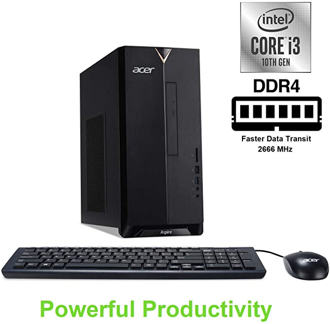 Acer Aspire TC-895-UA91 Desktop, 10th Gen Intel Core i3-10100 4-Core Processor, 8GB 2666MHz DDR4, 512GB NVMe M.2 SSD, 8X DVD, 802.11ax Wi-Fi 6, USB 3.2 Type C, Windows 10 Home